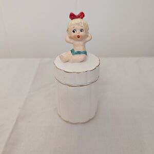 Ceramic Round Bobby Pin Holder w/ Baby on Top - trinket box for tooth, lock hair